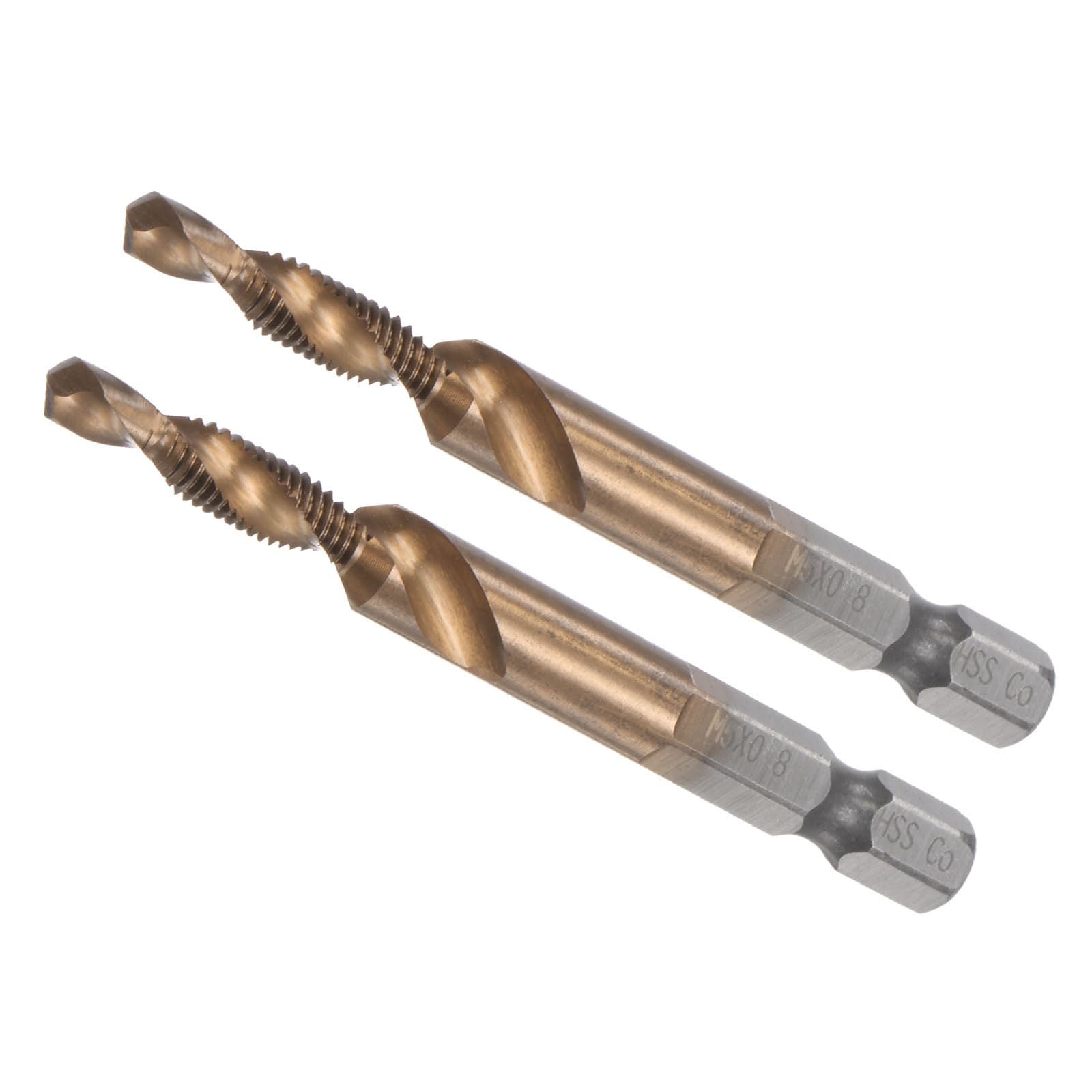CoCud Combination Drill and Tap Bit, M5 x 0.8 Thread Size 1/4" Hex Shank, Uncoated M35 Cobalt High Speed Steel Tools - (Applications: for Aluminum Stainless Steel Plastic), 2-Pieces