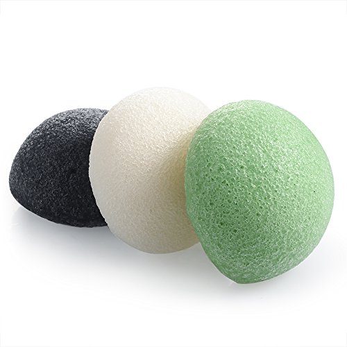 Konjac Sponge 3-Pack Choux, 100% Natural Konjac Facial Sponge for Face and Body Cleansing, Extremely Soft and Gentle for All Skin Types (Activated Bamboo Charcoal, Natural Konjac, Green Tea)