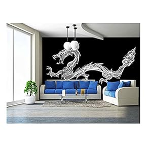 Vector - Doodle White Dragon Isolated on Black Background - Removable Wall Mural | Self-Adhesive Large Wallpaper - 66x96 inches