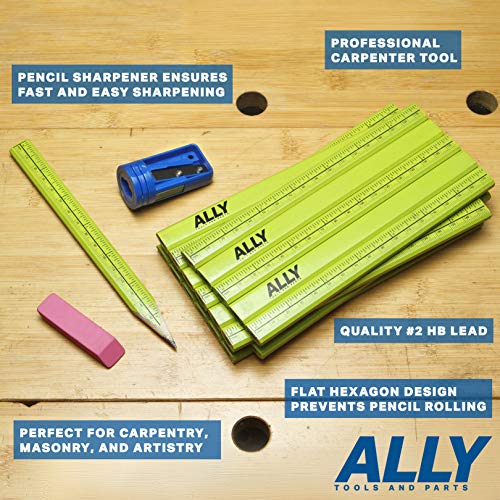 ALLY Tools 24 PC Neon Green Carpenter Pencil Kit with Printed Metric/Inch Ruler INCLUDES Sharpener and Pink Eraser Ideal For Precision Marking on Wood, Stone, and Concrete - Thumbnail 5