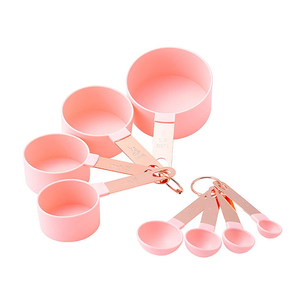 8 Piece Measuring Cups and Spoon Set - Plastic Measuring Cup and Spoon with Stainless Steel Handle, Measuring Tool for Liquids and Solids Cooking & General Kitchen Use (Pink)