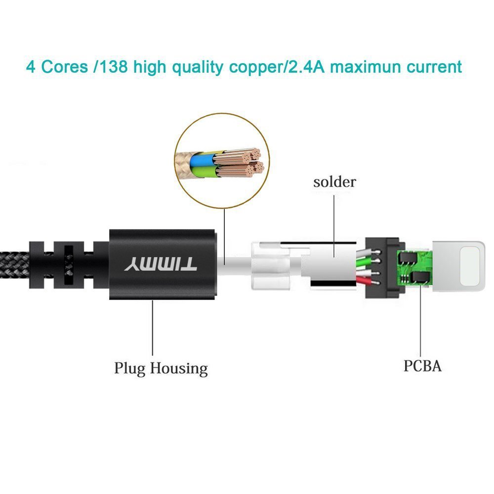 Lightning cable TIMMY 3Pack 6FT Nylon Braided  IPhone Charger certified to charging Cable with charging indictor powerline for iPhone 5/5C/5S/6S/6S PLUS/7/7 plus, iPad Air, and more (Black)