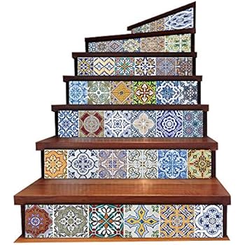 Vintage Tile Stickers Tile Decals for Kitchen Walls Peel and Stick Bathroom Tile Stickers Decals Decorative Stair Riser Decals Vinyl Stair Decals Stair Stickers Removable 7''x 39''x6PCS