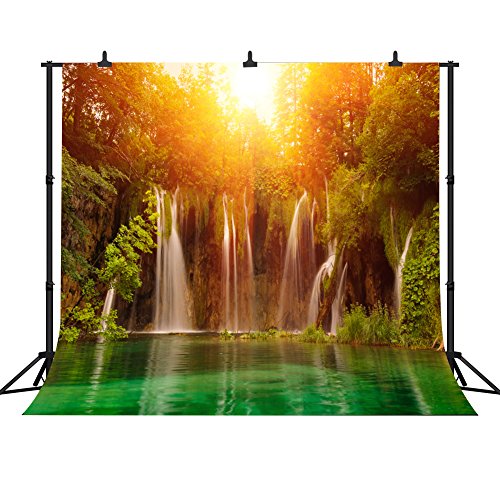 FHZON 10x10ft Waterfall Backdrop Green Forest Clear Lake Sunset Photography Background Nature Landscape Travel Theme Photos Wallpaper Decoration Studio Props FH128