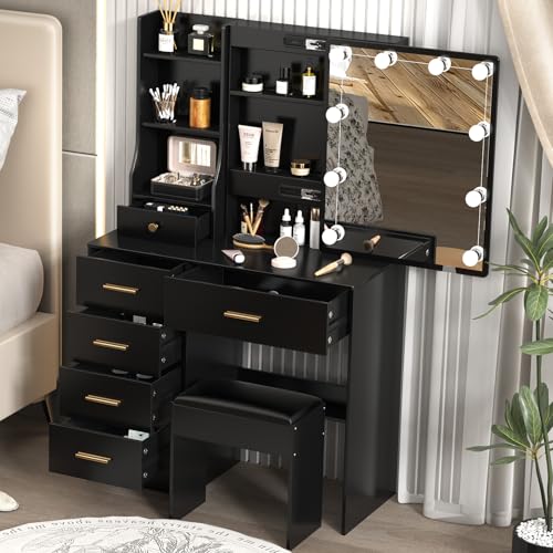 Saimeihome Dressing Table with LED Mirror, Modern Black Makeup Table with Stool, 6 Drawers and 6 Storage Shelves, 3 Lighting Modes, Bathroom Desk for Bedroom (80 x 36 x 130 cm)
