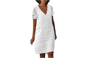 JURANMO Cotton Linen Dresses for Women Summer 3/4 Sleeve Midi Dresses V Neck Tshirt Dress Knee Length Shift Dresses