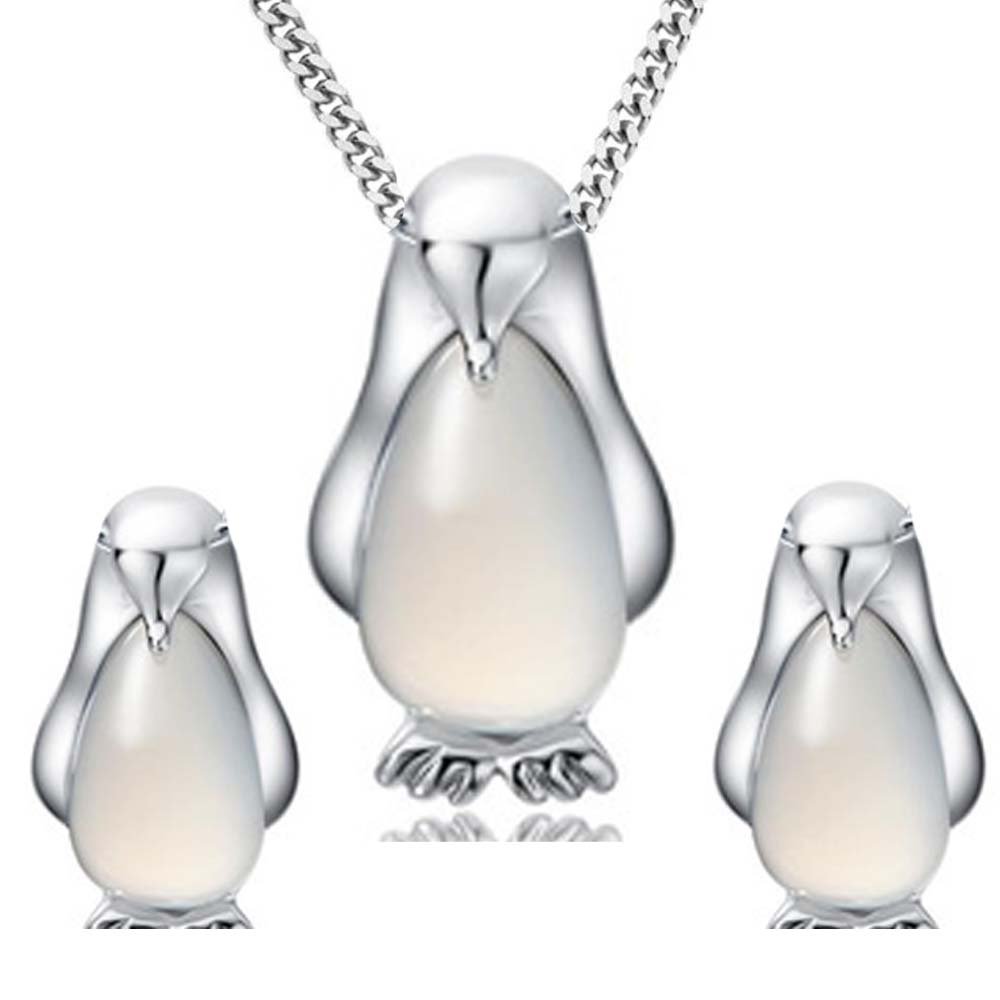 findout Sterling Silver Penguin Opal Pendant Necklace + Earrings Set, with 18 in Curb Chain(1733)