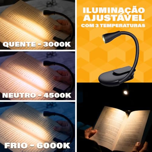 Luz de Leitura Para Livro Luminária de Livros - LED Quente Neutra Fria - Ideal para Estudar ou Ler a Noite - Recarregável USB - PREMIUM