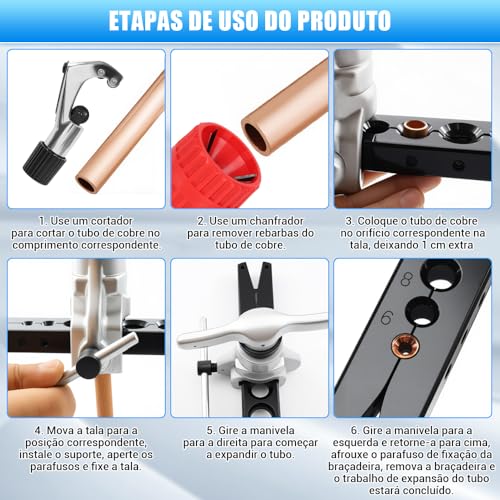 Flangeador Excêntrico, Cortador E Escariador 1/4 a 3/4, Kit Flangeador Excêntrico Sem Catraca, com Cortador de Tubos, Pode Ser Usado para Expandir Tubos de Cobre, Fangeador Excêntrico