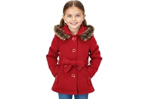unik Girl Fleece Coat with Detachable Fur Lined Hood and Belt Black Fuchsia Grey Navy Red Burgundy