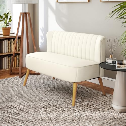 HOMCOM 46" Loveseat Sofa, Linen Fabric 2 Seater Sofa Couch with Thick Padded Seat and Rubber Wood Legs, Upholstered Small Couch for Living Room, Home Office, Cream White