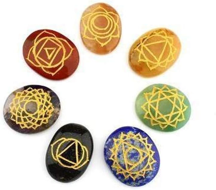 Purpledip Seven Chakra Healing Stones Set Of 7: Reiki Healing Crystals With Engraved Chakra Symbols; Holistic Balancing Polished Palm Stones (10904)
