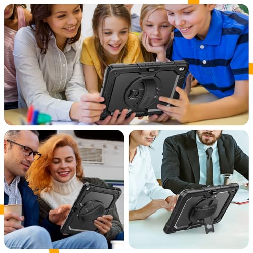 Timecity Case for iPad 9th/8th/7th Generation 10.2 '', Shockproof Rugged case with Screen Protector & 360° Rotating Stand Pen Holder Hand/Shoulder Strap for iPad 10.2 inch Case 2021/2020/2019 -Black