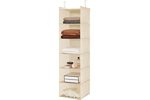 MAX Houser 6 Tier Shelf Hanging Closet Organizer, Cloth Hanging Shelf with 2 Sturdy Hooks for Storage, Foldable (Beige)
