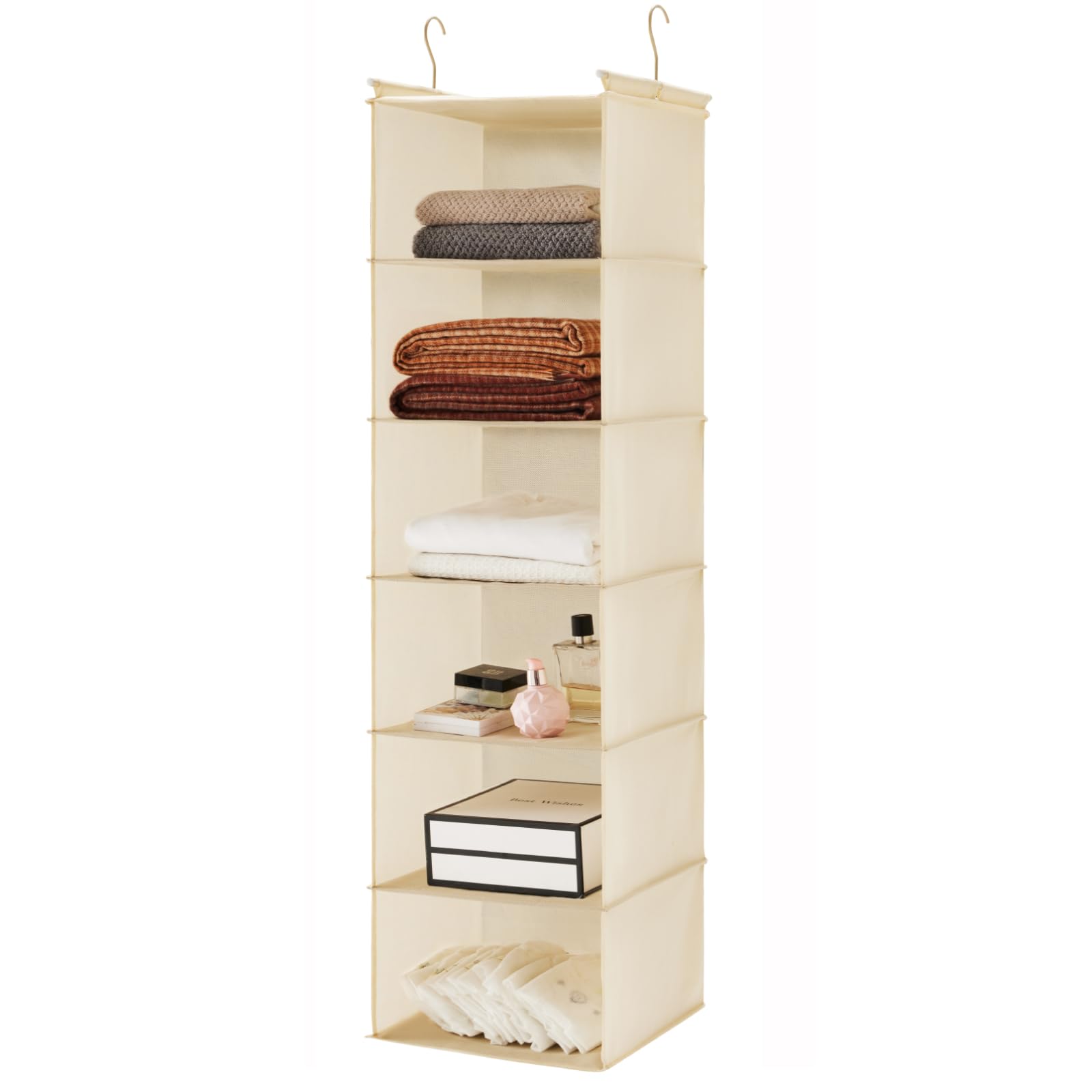 Photo 1 of MAX Houser 6 Tier Shelf Hanging Closet Organizer, Cloth Hanging Shelf with 2 Sturdy Hooks for Storage, Foldable (Beige)