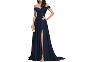 seezom Women's Laces Appliques Bridesmaid Dress Chiffon Prom Dress Off Shoulder Formal Evening Party Gowns with Slit