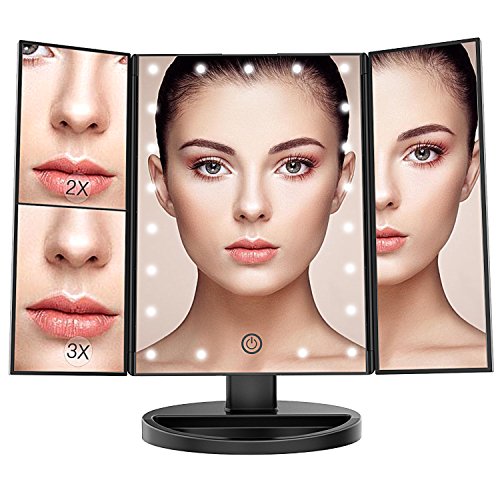 BESTOPE Makeup Vanity Mirror with 3x/2x Magnification,Trifold Mirror with 21 Led Lights,Touch Screen, 180° Adjustable Rotation,Dual Power Supply, Countertop Cosmetic Mirror (Black) - Thumbnail 7