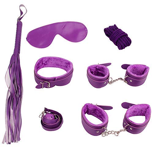 Unihoh Purple Leather Handcuffs Set with Comfortable Wrist and Ankle Cuffs Fits Almost Any Size-7 Pcs