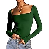 Dwnval Long Sleeve Shirts for Women - Basic Slim Fit Double Lined Square Neck Crop T Shirt