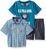 U.S. Polo Assn. Baby Boys' Sleeve Sport Shirt, T-Shirt and Twill Short Set, Multi Plaid, 12M