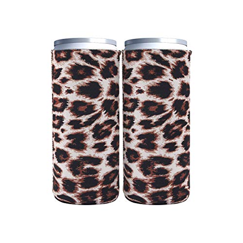 DIFENLUN 2 Pack Neoprene Slim Can Coolers, Collapsible Can Sleeves Beer Can Coolies Covers for 12oz Slim Drink Beer Cans(Leopard)