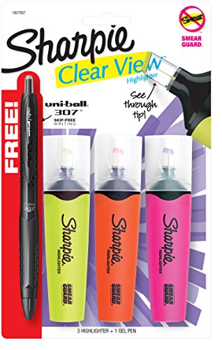 Sharpie Clearview Clear Tip Highlighters, Assorted, Includes Uniball 307 Gel Pen (1937057)