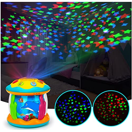 AM ANNA 4 in 1 Musical Baby Toys for Toddlers, Projector Ocean Rotating Tummy Time, Developmental Montessori Light Up Toys for 0-3 3-6 12-18 Months Babies Gifts
