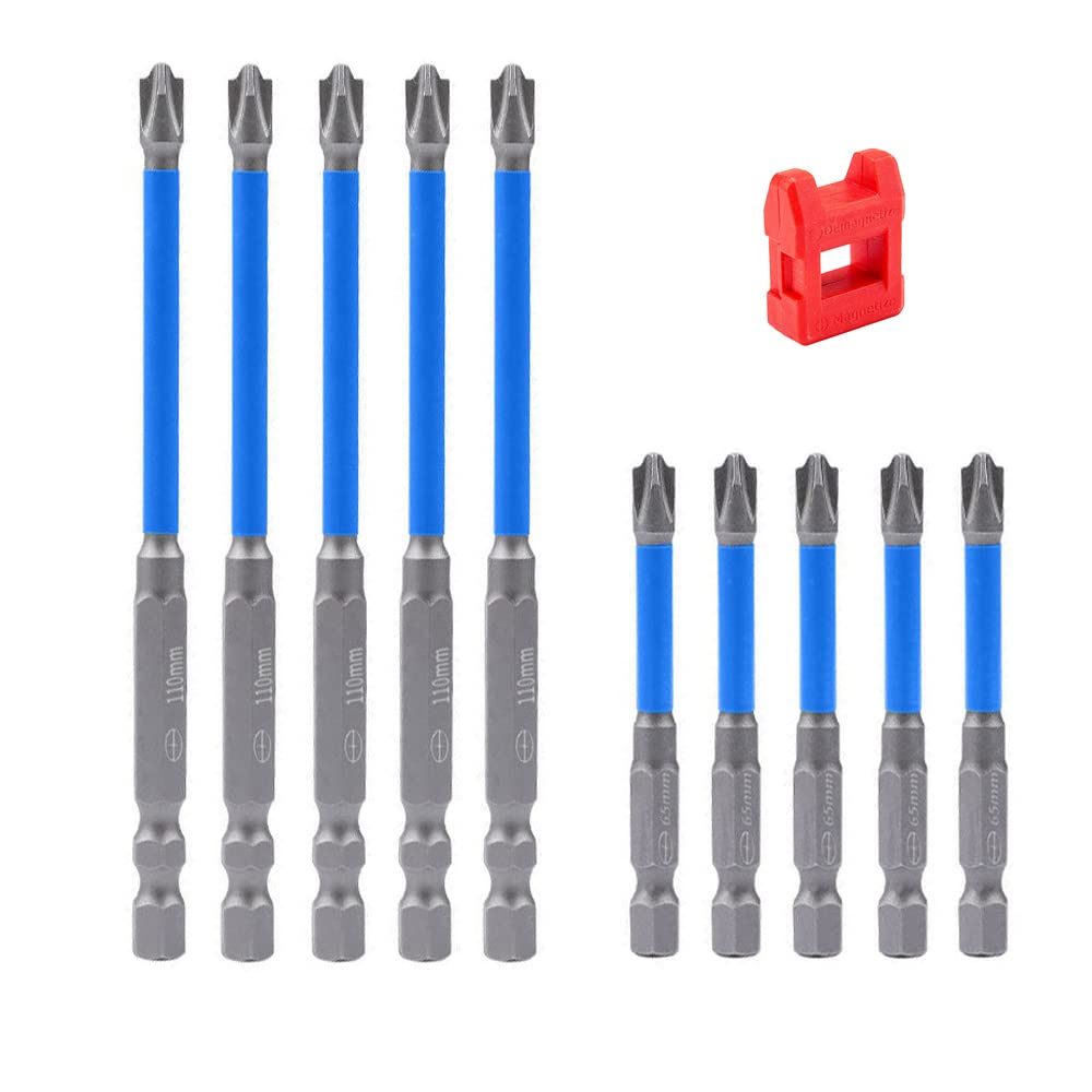 Saipor 10pcs Magnetic FPH2 Impact Screwdriver Bit Set, 65mm & 110mm FPH2 Bits for Electrician, Phillips Slotted Head Bits, 1/4 Inch Hex Shank Cross Slot Screw Driver Drill Bit — image 1