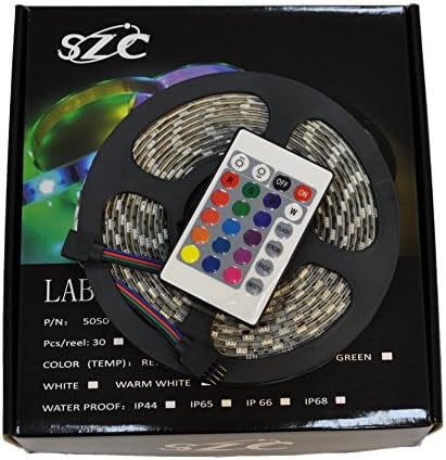 SZC 5M SMD 5050 RGB Led Strip Lights Waterproof Flexible 300Leds with 24 Key Remote and 12V 5A Supply Power for Truck TV Boats Mirror and Camper