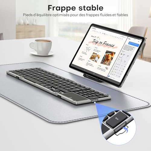 OMOTON Clavier sans Fil Pliable avec Pavé Tactile et Pavé Numérique, Clavier Bluetooth AZERTY Rechargeable, Multi-appareils, Portable Keyboard pour PC Tablette iPad Windows Mac Android