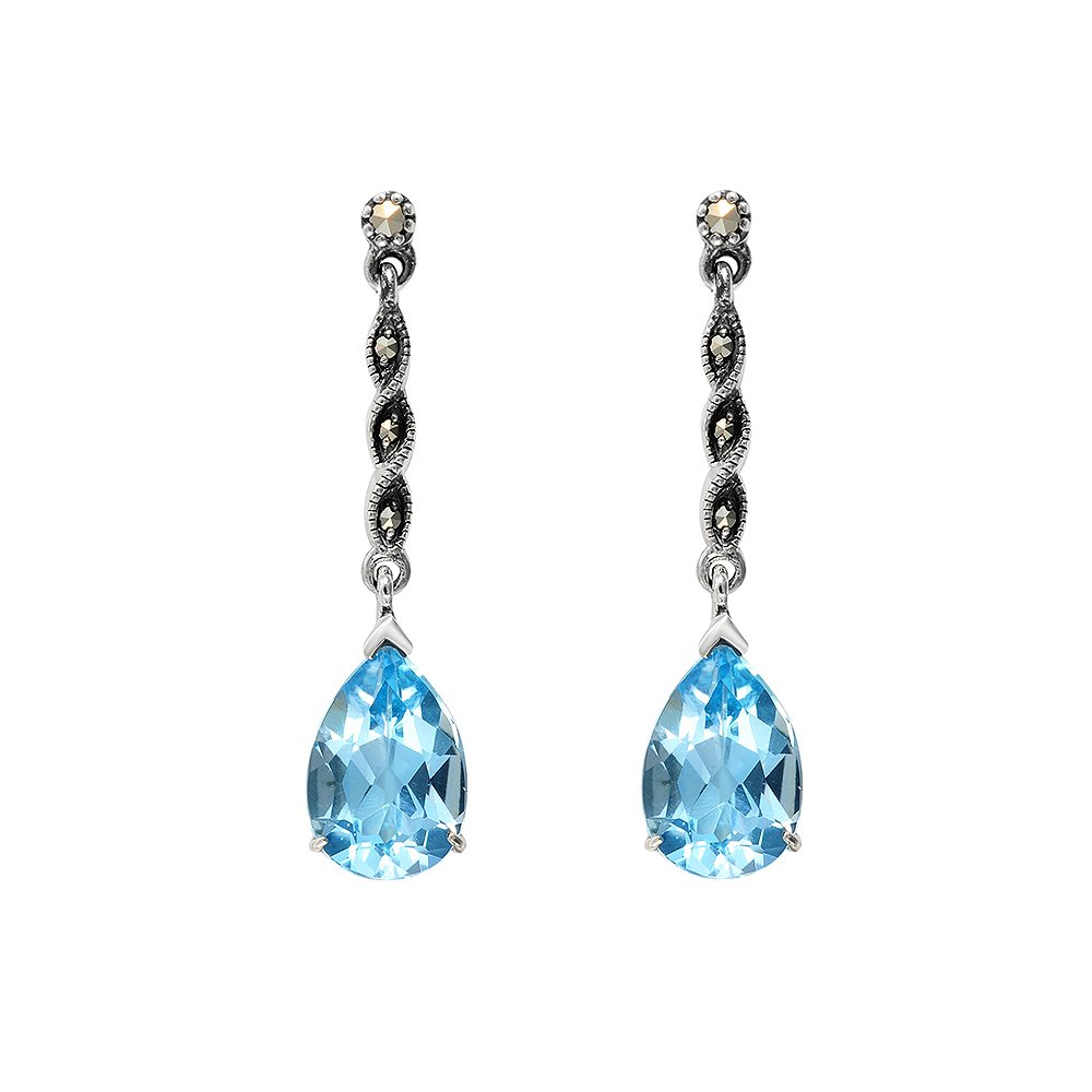 Esse Marcasite Sterling Silver Blue Topaz and Marcasite Teardrop Earrings