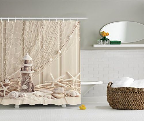 Beige Wooden Lighthouse Shower Curtain Nautical Decor by, Marine Fishing Net Sea Stars and Shells Picture, Polyester Fabric Bathroom Set with Hooks, 75 Inches Long, Ecru Ivory Beige
