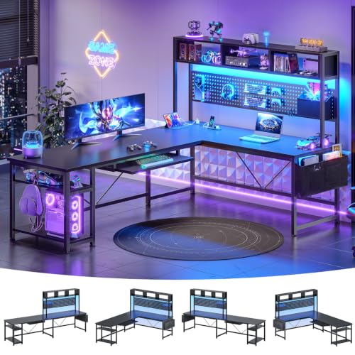 SEDETA 67" L Shaped Gaming Desk with Pegboard LED Lights and Power