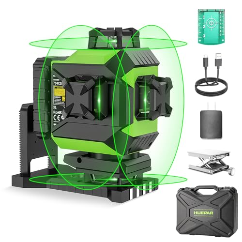 Huepar 4x360 4D Green Laser Level 16 Lines Laser Self-Leveling Cross Tool, 2x360 Horizontal & Vertical with Pulse Mode, Li-ion Battery, Magnetic Base, Hard Carrying Case