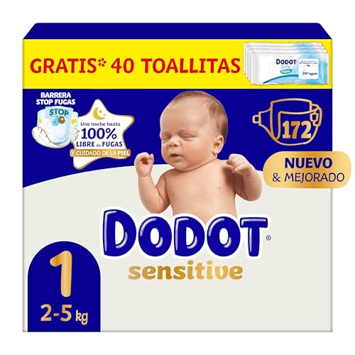 Pañales Bebé Sensitive Talla 1 (2-5 kg), 172 Pañales + 1 Pack de 40 Toallitas Gratis de Aqua Plastic Free, Nº1 en Protección de la Piel de Dodot, Pack Mensual