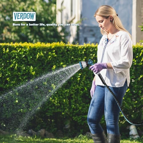 VERDOW Garden Hose Water Hose 100ft Lightweight Flexible, Kink-Free Outdoor 3/4" Rustproof Metal Fittings, 10-Pattern 360° Rotating Spray Nozzle for Yard Lawn Car Wash