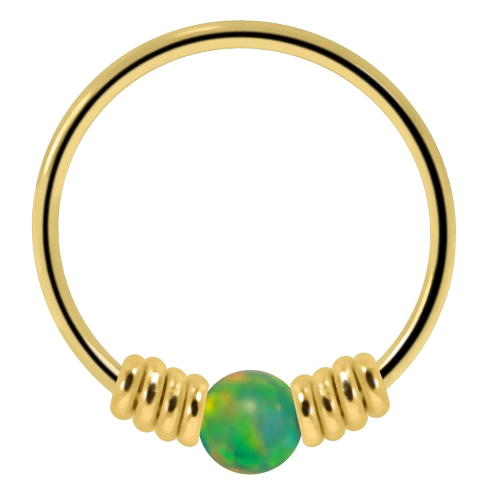 9K Solid Yellow Gold Green Opal Stone with Double Spring Coil 22 Gauge Hoop Nose Ring Tragus Helix Piercing