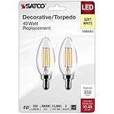 Satco S21820 4 Watt B11 LED Bulb, Clear, Candelabra Base, 3000K, 350 Lumens, 120 Volt, 2-Pack