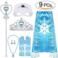 ANNTOY Princess Dress Up 9 Pcs Elsa Costume Crown Gloves Necklace Earrings Wand Cloak Mask Princess Accessories for Girls