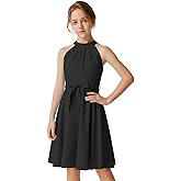 Quedoris Girls Halter Neck Pleated A-line Swing Flared Belted Casual Party Dress with Zipper