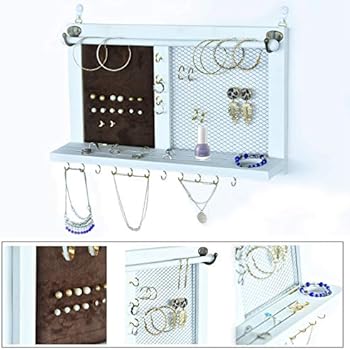 Kullavik Wall Mounted Jewelry Organizer Armoires Home Decor Display Shlef Storage for Necklaces,Bracelets,Ring Holder,Earings Wire Mesh,Velvet Earring Display,Incl.Hooks for Hanging Jewelries