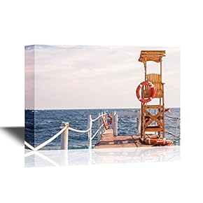Watercolor Style Canvas Wall Art - Life Guard Tower at The Eand of Pier - Gallery Wrap Modern Home Art | Ready to Hang - 12x18 inches