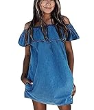 Obazidou Women's Blue Jean Legging Off Shoulder Ruffle Short Sleeve Loose Mini Dress