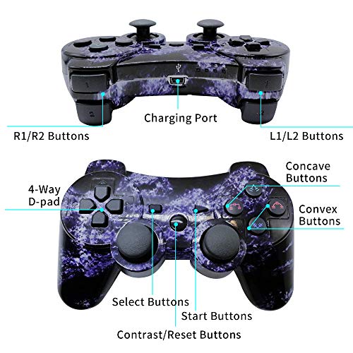 ISHAKO Double Shock PS3 Controller Wireless 2 Pack Bluetooth 6-Axis Gamepad Remote for Playstation 3 with Charge Cable (Purple Cloud + Bronze)