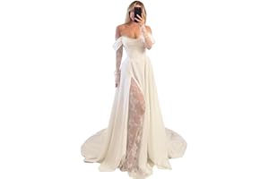 Rjer Off Shoulder Satin Wedding Dresses for Bride Lace Long Sleeve Prom Dresses Ball Gown