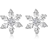 Cubic Zirconia Snowflake Small Stud Sweet Cute Silver Plated Christmas Earrings for Women Sparkly Crystal Dainty Winter Flower Cartilage Studs Fashion Xmas Party Holiday Festival Jewelry Gift for Her