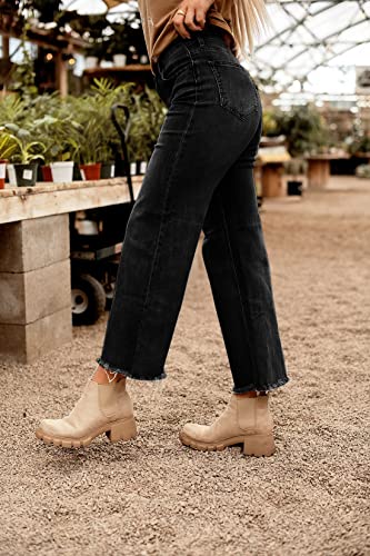 PEIHOT WOMENS RAW HEM WIDE LEG JEANS BLACK MID WAISTED STRAIGHT LEG JEANS DISTRESSED DENIM PANTS 2023 TRENDY