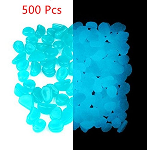 ASIBT 500 Pcs Glow in the Dark Stones,Garden Pebbles Rocks for Outdoor, Walkway, Window, Yard Grass, and Fish Tank DecorationBlue