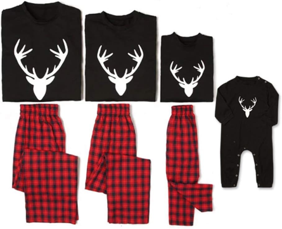 Yaffi Matching Family Pajamas Sets Christmas PJ's with Deer Long Sleeve Tee and Plaid Pants Loungewear