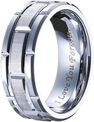 UOKOHO Mens Tungsten Wedding Band Ring Silver Brick Pattern Matte Brushed Finish Engraved I Love You Forever Comfort Fit Size 7-11 (11)